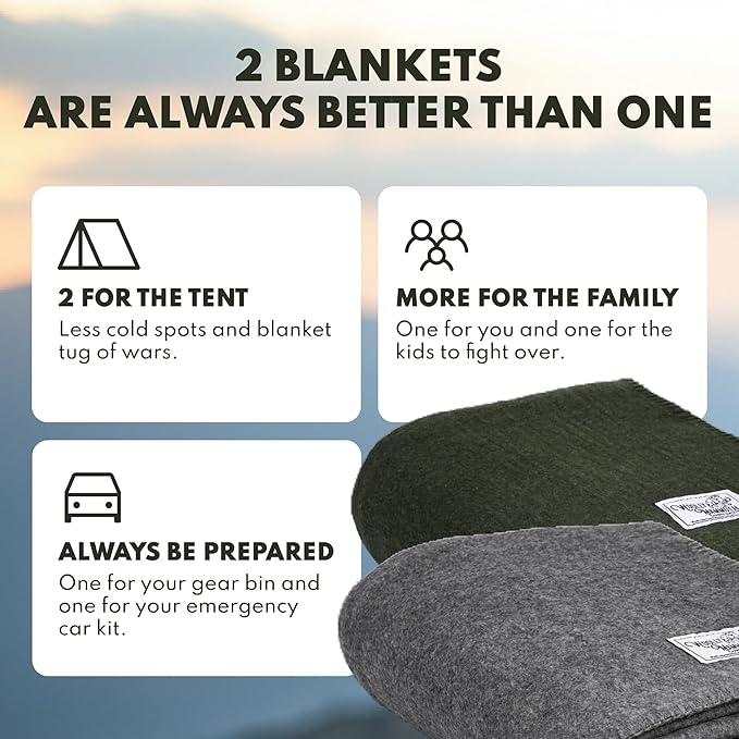 Woolly Mammoth 80% Merino Wool Camp Blankets (2-Pack) - Soft Naturally Fire-Resistant and Temperature-Regulating - for Winter Camping Bushcraft and Emergency Car Kits (66 x 90 Slate &amp Moss)