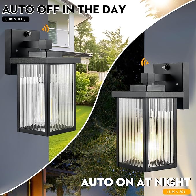 2 Pack Dusk to Dawn Outdoor Lighting Modern Wall Sconce with Textured Glass Waterproof IP65 Exterior Light Fixture Soft Glow Warm Ambiance for Front Door Porch Garage 10.6 Inch Height Black
