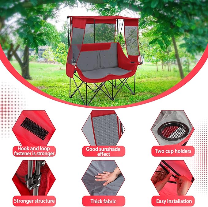 Double Camping Chair with Canopy Shade 660lbs Heavy Duty Beach Chair Portable Folding 2 Person Camping Loveseat with Cup Holder and Storage Bag for Lawn Beach Outdoor Sport(Red and Grey)