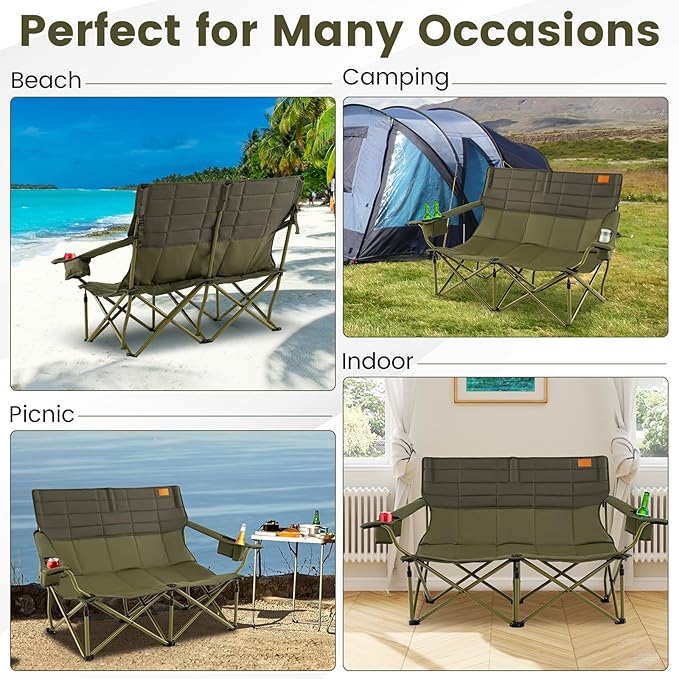 Goplus Double Camping Chair for Adults Low Outdoor Folding Loveseat Couch Chair w/Cup Holders Thick Padding Heavy-Duty 2 Person Lawn Chair for Beach Picnic Travel Supports 660 LBS(2-Person Seat)