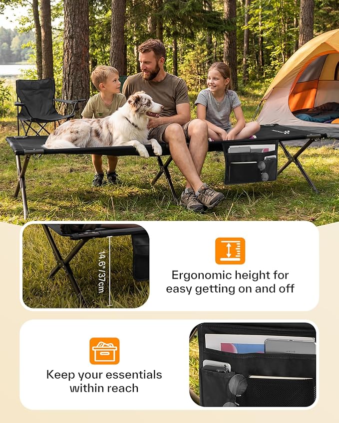 Sportneer Camping Cot: 78.3x28.7x14.6 Comfort Cot Bed for Camping Traveling Guest Bed Sleeping Cots for Adults with Side Pockets &amp Storage Bag - Ease of Assembly Support 330 Lbs
