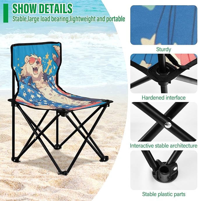 KLL Cartoon Cool Spectacled Bear Patriotic Color Collapsible Foldable Chairs Indoor Ultralight Beach Chair Backpack Includes Carry Bag Hiking Chair for Outside Lawn