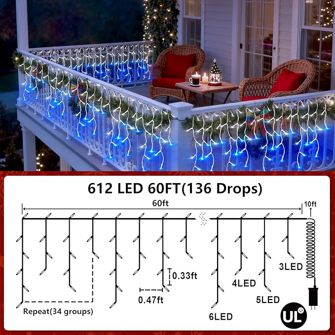 612 LED String lights Indoor Outdoor 60ft Christmas Window Lights with 136 Drops 12 Modes Dimmable Curtain Lights Fairy Lights for Bedroom Holiday Wedding Party Home Decorations Blue &amp White