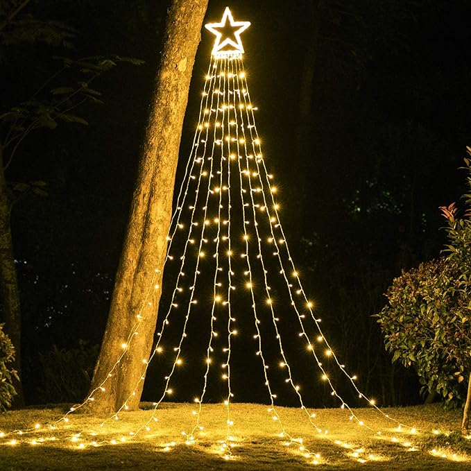 PUHONG Christmas Decoration Outdoor Star String Lights Christmas Tree Toppers Lights 320 LED 8 Modes with 12 Lighted Star for Halloween Christmas New Year Holiday Birthday Decor (Warm White)