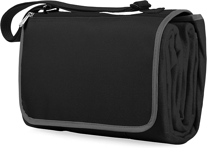 PICNIC TIME Outdoor Picnic Blanket Tote 59x51 Foldable Beach &amp Camping Blanket with Soft Fleece Water-Resistant Bottom Adjustable Strap &amp Zippered Pocket (Black with Black Exterior)