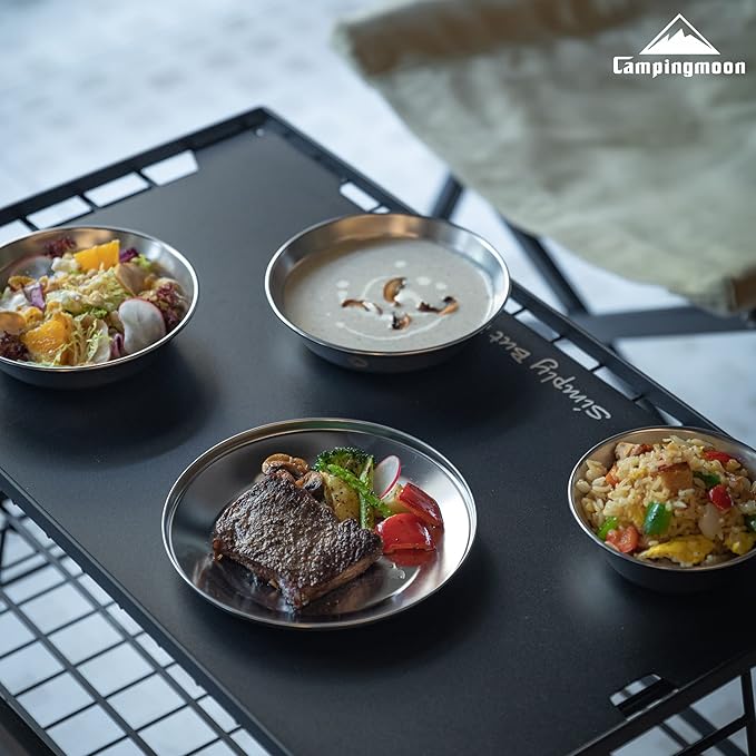 CAMPINGMOON Camping Tableware Set Stainless Steel Camping Plates Bowl Stackable Outdoor Dinnerware Canvas Carry Case Camping Hiking Picnic