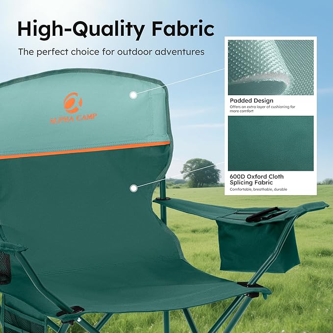 ALPHA CAMP Camping Chair 2 Pack Portable Chair with 3-Can Cooler Folding Chair with Side Pocket and Cup Holder Collapsible for Camping Tailgates Beach Fishing and Sports2PC