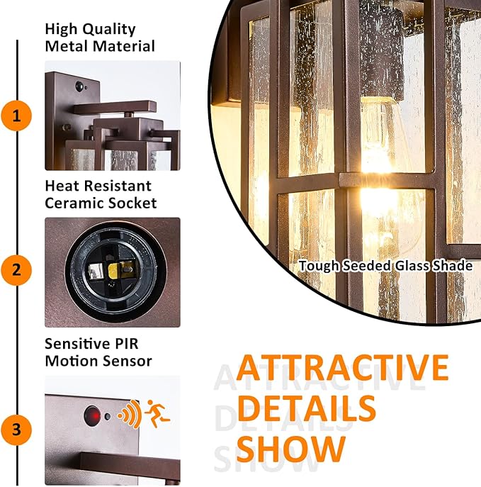 Motion Sensor Outdoor Wall Light Fixture Dusk to Dawn Porch Light Oil Rubbed Bronze Exterior Lighting with Seeded Tempered Glass Waterproof Outside Wall Mount Coach Lamp for House Patio Garage