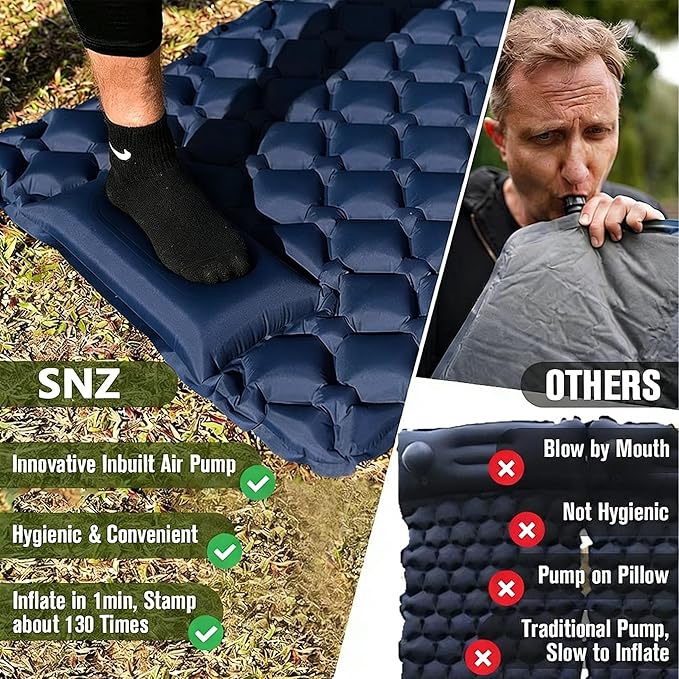 SNZ Camping Sleeping Pad Ultralight Camping Mat with Pillow Built-in Foot Pump Inflatable Sleeping Pads Compact for Backpacking Tent Travel Outdoor Activities (Double)