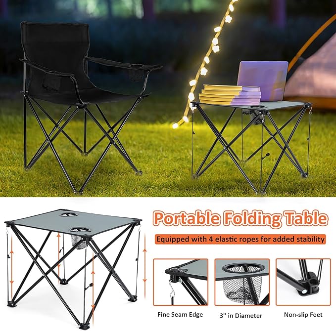Leonyo 2 Pack Camping Chairs for Adults Lawn Chairs with Table Heavy Duty Folding Chairs for Outside Oversized &amp Comfy Sports Chair for Adults Fishing Beach Patio Hiking Lawn Travel - Black