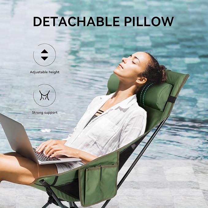 High Back Camping Chair Supports 440 lbs Portable Folding Backpacking Chair with Detachable Pillow for Camping Hiking &amp Travel(Green)