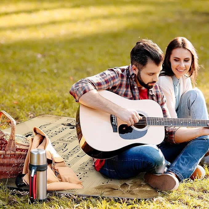 Music Notes on Old Paper Beach BlanketPortable Waterproof Picnic Blanket58.3''x 58.3'' Extra Large Picnic Mat for BeachCamping Grass Lawn Park Accessorie for Festival BBQ