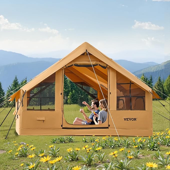VEVOR Inflatable Tents for Camping Easy Setup Blow up Tent with Hand Pump 4 Season Glamping Tent with Stove Jack Doors &amp Mesh Windows Storage Bag Included for Easy Taking