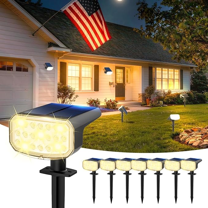 Solar Lights Outdoor Waterproof IP65 Super Bright LED with Lens 3000K 2 Lighting Modes Solar Powered Yard Garden Solar Spot Lights for Outside Landscape Auto On/Off -8 Pack