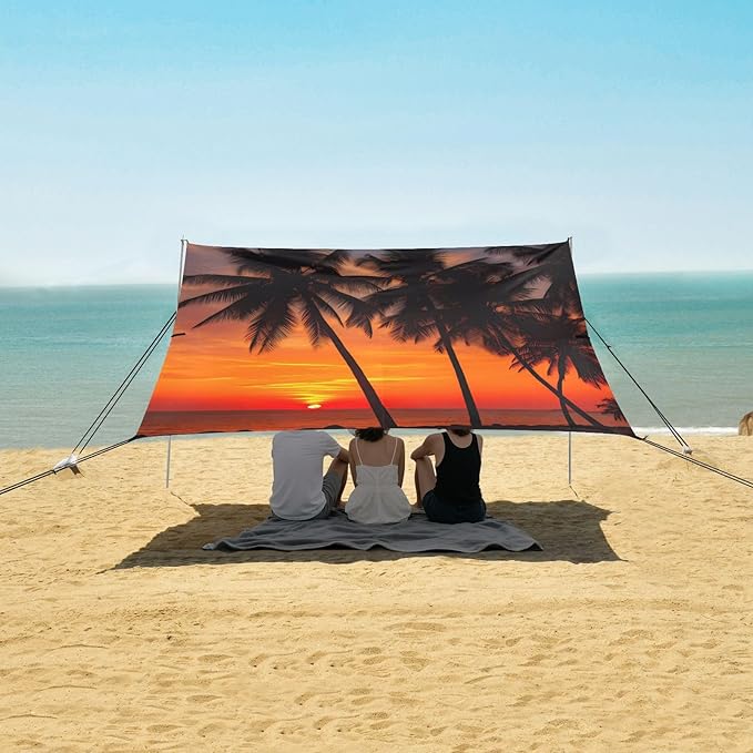 Beach Tent Sun Shelter Orange-red Sunset Coconut Tree Lightweight &amp Easy Setup Beach Shade Canopy for Camping Fishing
