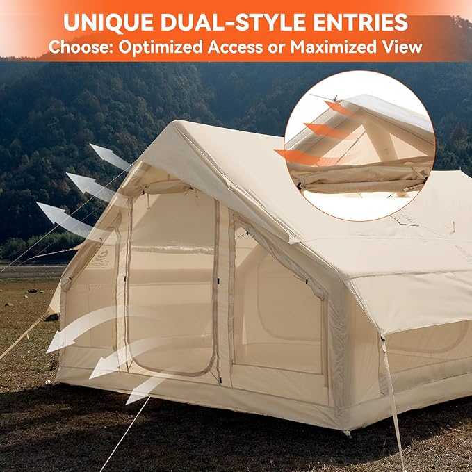 4 Person Inflatable Tent with Stove Jack &amp Canopy 4 Season Glamping Air Tent with Panoramic Skylight AC &amp Power Port Waterproof Blow Up Tent House for Camping Easy Setup
