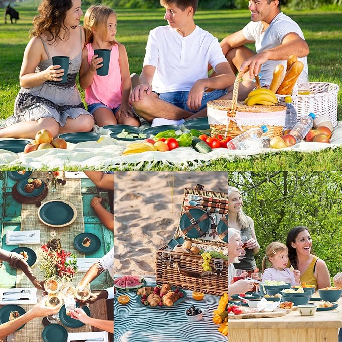 Green Unbreakable Plates and Bowls Sets Microwave and Dishwasher SafeDark Green Dinnerware Sets for 8Christmas Reusable Plastic Dishes Set Lightweight for Kids Elderly Kitchen Adults Camping Outdoor