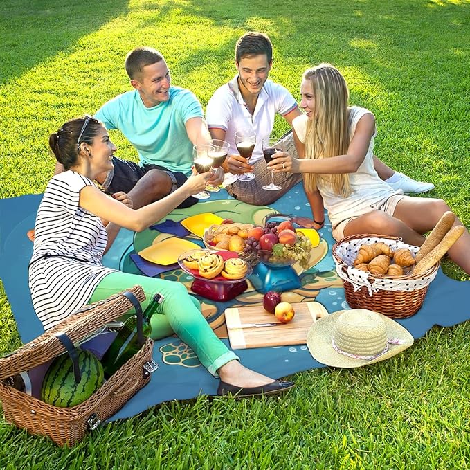 Waterproof Sandproof Beach Blanket 59''×68'' Turtle Polyester Outdoor Picnic Blanket with 4 Stakes &amp Storage Bag for BeachCampingVacation Lake Blue