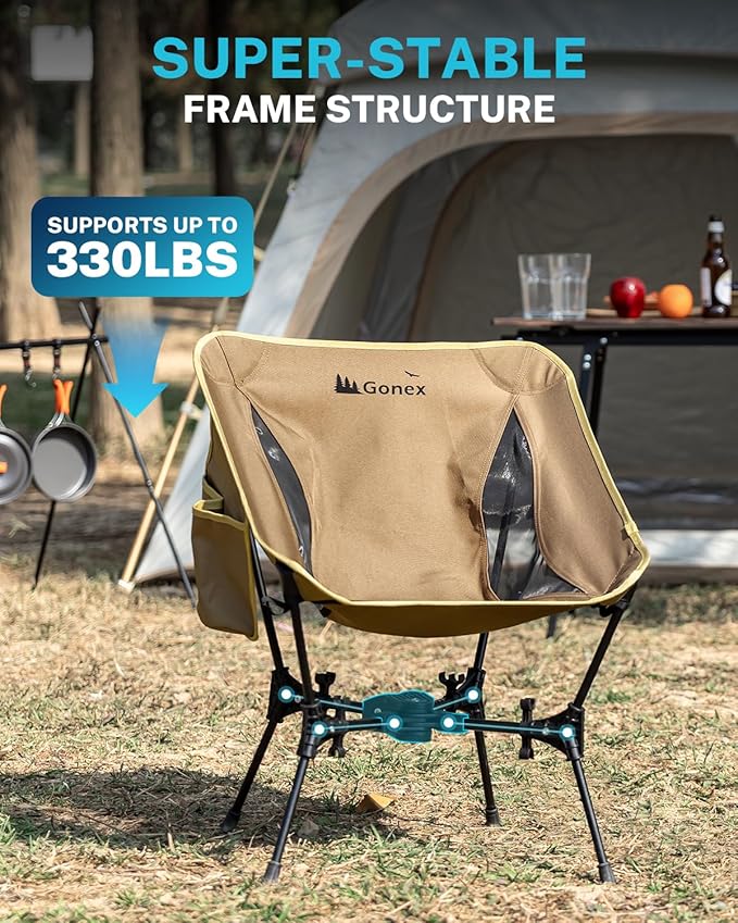 Gonex Portable Camping Chair The 5th Gen Ultralight Compact Backpacking Foldable Lightweight Folding Chair for Outdoor Camp Hiking Beach Picnic Concert Supports 330lbs (Khaki 1 PCS)