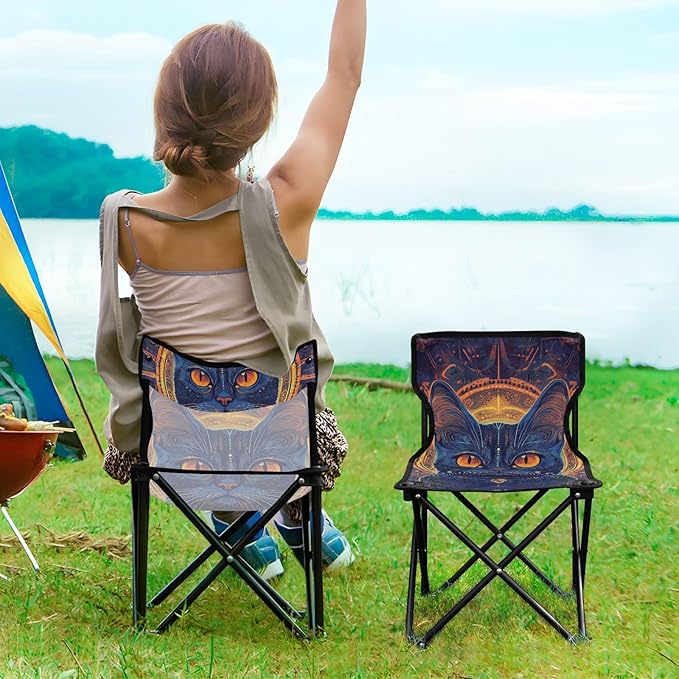 Cat with Yellow Eyes Boho Style Collapsible Foldable Chair Ultralight Portable Chairs for Adults Includes Carry Bag Hiking Chair for Fishing Fishing