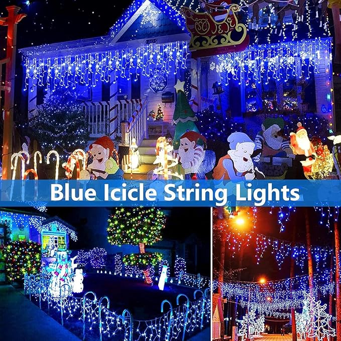 Joomer Christmas Icicle Lights - 66FT String Lights Outdoor Waterproof 8 Modes Timer Connectable Plug-in String Light for Eaves Roofs Christmas Decorations (Blue Non-Connectable)