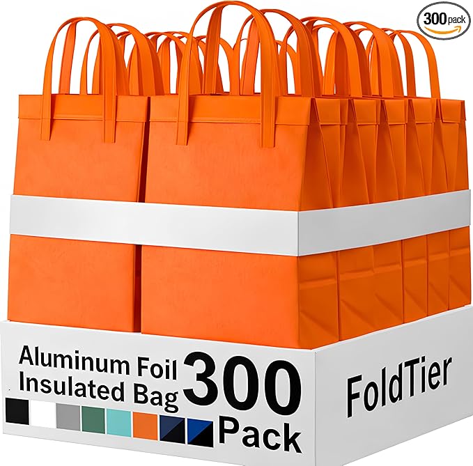 300 Pack Insulated Bags Bulk for Food Delivery 9.5 x 9.5 x 6 Thermal Take Away Bag for Hot Cold Food Coffee Milk Pizza Seafood Disposable Grocery Bag for Catering Restaurant(Orange)