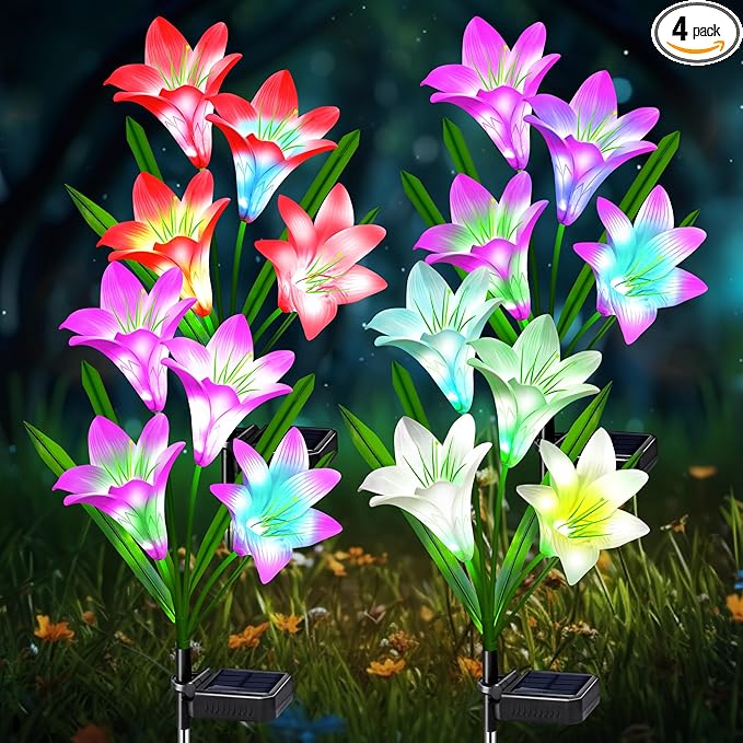 Solar Lights Outdoor Waterproof 4 Pack Garden Decor Lights 16 Multi-Color Changing Lily Solar Flowers for Yard Patio Pathway Decor Gifts for Women Mom (4 Pack)
