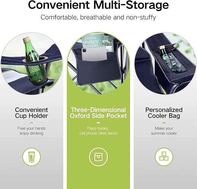 GREEN PARTY Folding Camping Chair Oversized Heavy Duty Lawn Chair with Cooler Bag Cup Holder Storage Pocket Collapsible Padded Outdoor Arm Chair Quad Lumbar