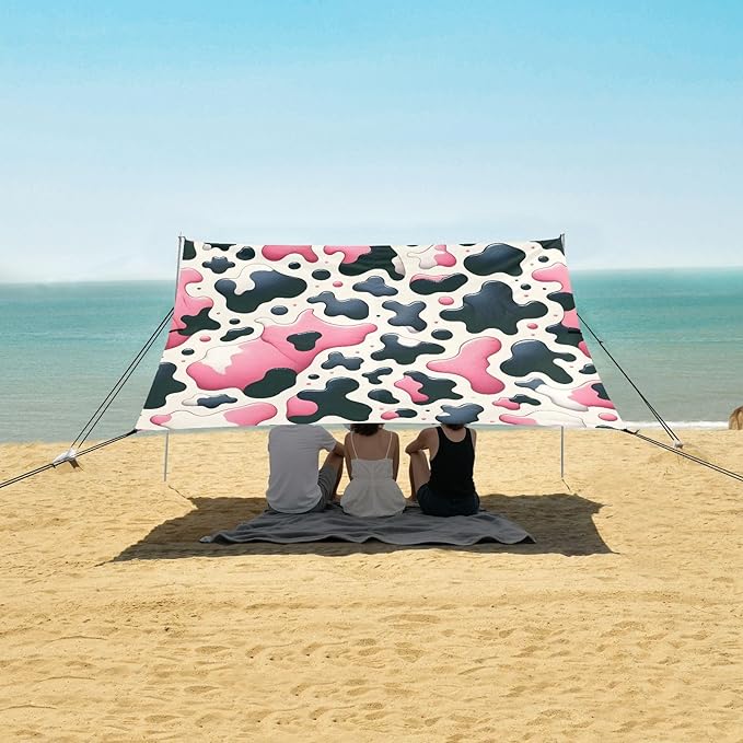 ALAZA Pink &amp Black Cow Prints Beach Tent Sun Shelter UPF50+ Protection Beach Shade Canopy w/ 4 Sandbags for Outdoor Camping Fishing Backyard Fun Picnic 10x9 ft