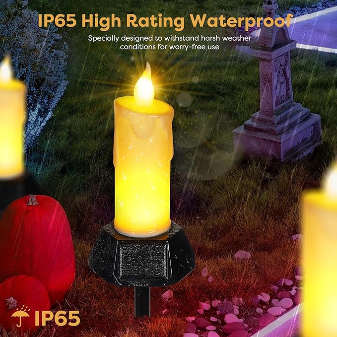 BlcTec Solar Candles Outdoor Waterproof Realistic Flickering Flames LED Candles with IP65 High Rating Waterproof Suitable for Lawn Yard Pathway Camping Graveyard Halloween Outdoor Decor 4 PCS