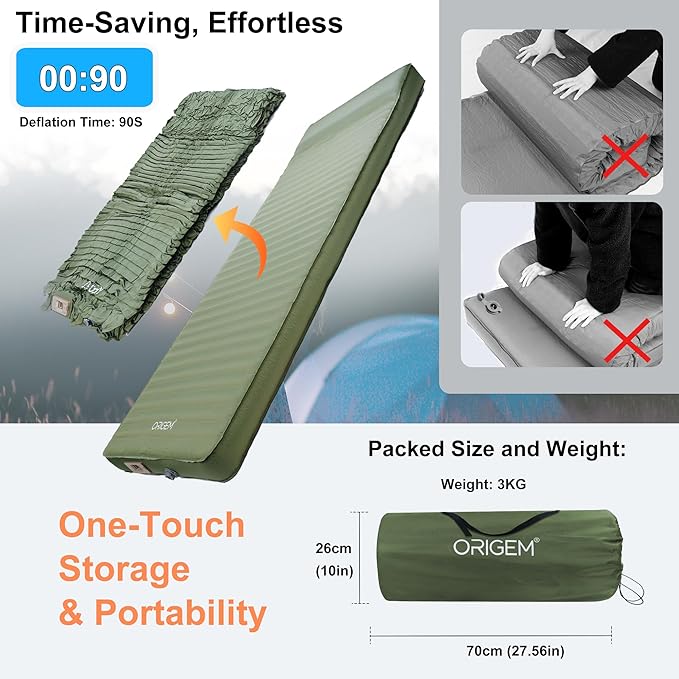 Origem Self Inflating Sleeping Pad with Electric Pump 4 Ultra-Thick Memory Foam Camping Mattress Foam Campinging Mat for Tent CampingTraveling and Car Easy to Inflate and Deflate (Green)