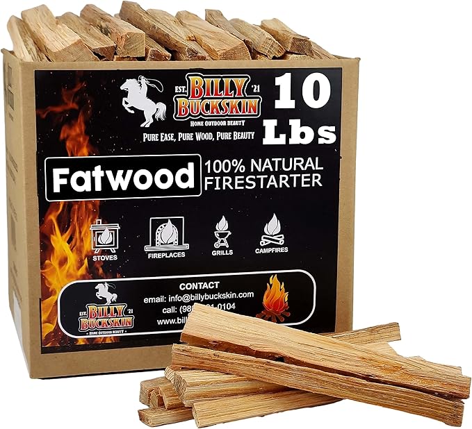 10lb Fatwood Fire Starter Sticks | 100% Natural Fire Starters for Campfires Firepit Fireplaces BBQ Wood Stoves | Easy Ignition w/Just 2 Sticks | Camping Essentials by Billy Buckskin (10lb Box)