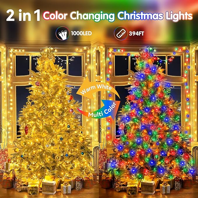 Heceltt 403FT 1000 LED Christmas Lights Outdoor Color Changing String Lights with 11 Modes and Timer Memory Function for Xmas Tree Wedding Party Holiday Decor (Warm White to Multicolor)