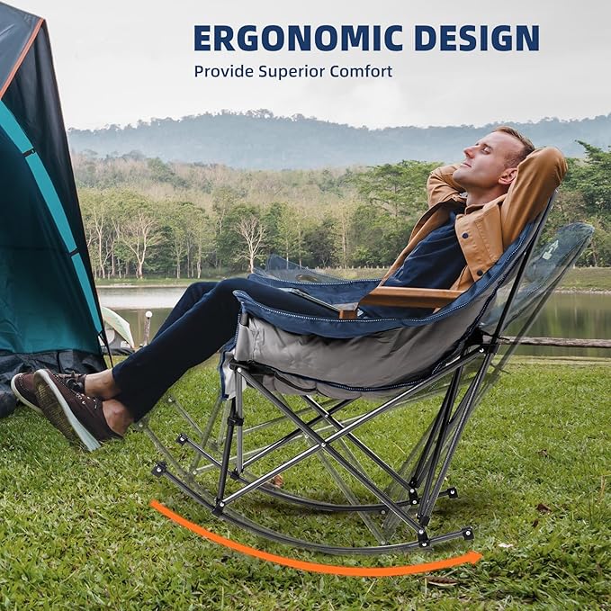 Oversized Rocking Camping Chair for Adults - 400lbs Capacity Padded Camp Chair with Cup Holder Portable Foldable Outdoor Rocker Chair for Camping Backyard Patio (Blue &amp Gray)
