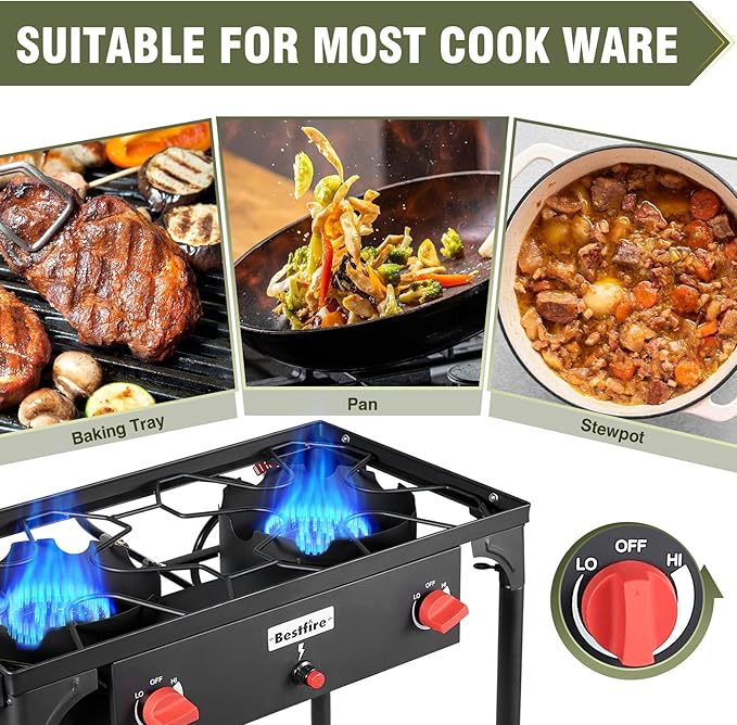BESTFIRE 2 Burner Camping Stove150000 BTU High Pressure Outdoor Propane4ft 20 PSI Adjustable Regulator Hose With Removable Legs for Backyard Cooking Camping Home