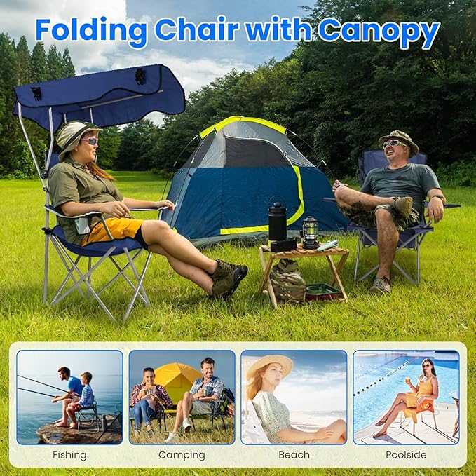 Camping Chair with CanopyOutdoor Folding Chair with Adjustable Shade &amp Cup Holder Heavy Duty Beach Chair for Adult Portable Camping Recliner Support 335 LBS