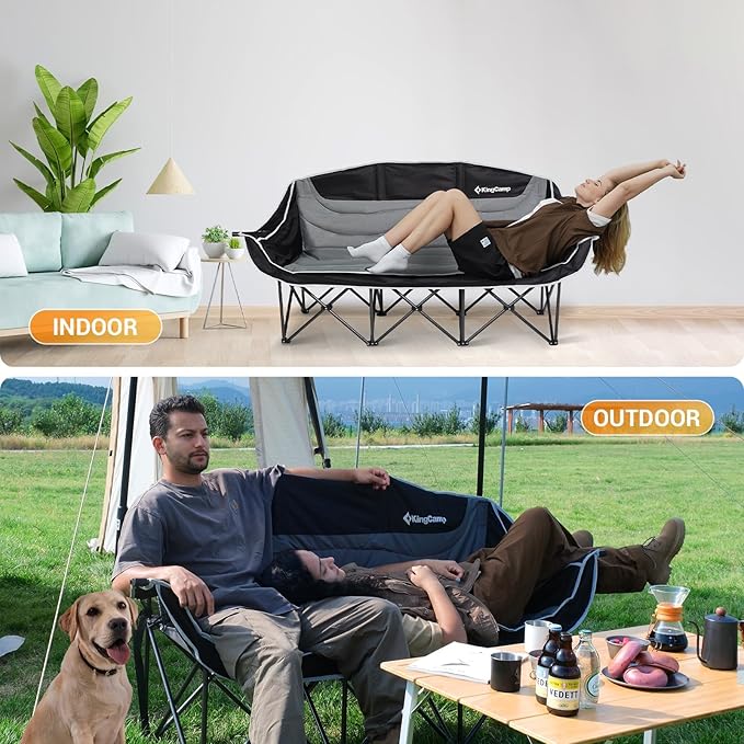 KingCamp 3 Person Camping Chair Oversized 660lbs Heavy Duty Loveseat for Adults Portable Folding XL 2 Person Couch Padded Comfortable Three Seat with Cup Holder for Outdoor Lawn Khaki/Coffee