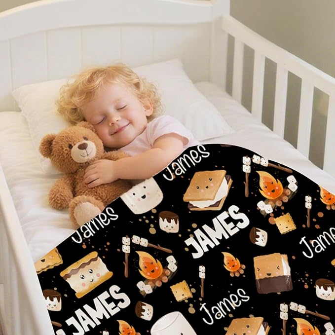 Custom S'Mores Blanket with Name | Personalized Marshmallow Blanket for Girls Boys | Ultra Soft Customized Cookie Throw for Couch/Sofa/Travel/Camping Home Decor - 60x80-Adults/Twin Size