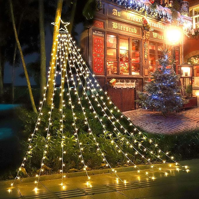 Christmas Decoration Lights Outdoor Christmas String Light 320 LED 11.5 Ft Waterfall Tree Lights with Big Star Topper 8 Light Modes for Xmas New Year Holiday Garden Yard Indoor Outdoor Decor