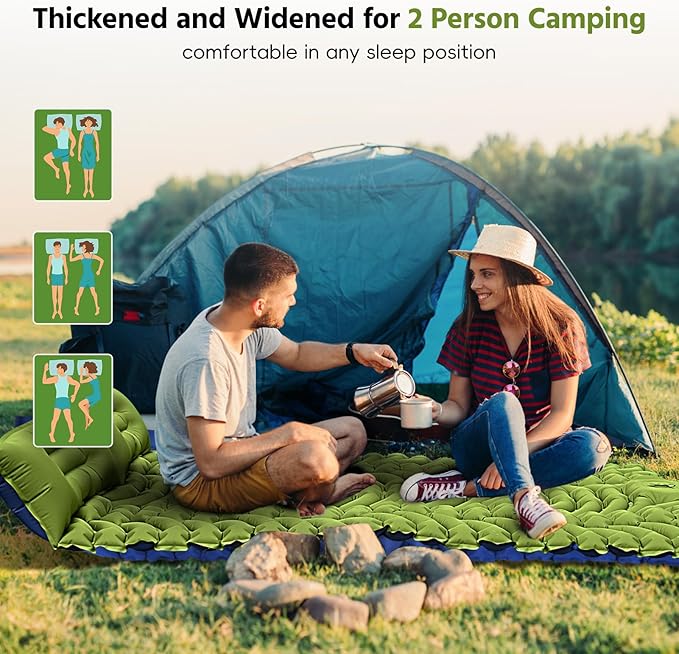 Double Sleeping Pad for Camping Self Inflating 4 Extra Thick Camping Sleeping Pad for 2 Person with Pillow Built-in Foot Pump Portable Sleeping Mat for Backpacking Hiking Travel Tent