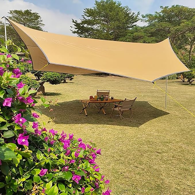 16x16 ft Large Camping Tarp Waterproof Hammock Rain Fly Camping Awning Khaki (Including Poles)