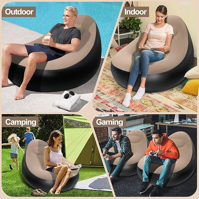 Inflatable Chair with Ottoman Inflatable Couch for Adults with Flocked Surface Comfortable Blow Up Air Chair Waterproof Portable Air Sofa Inflatable Couch for Camping(Brown) (Without Pump)