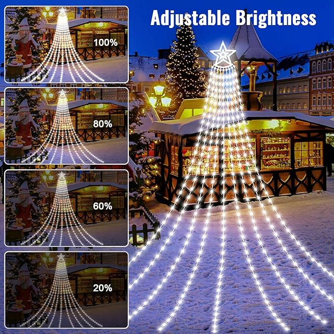 HELESIN Solar Outdoor Christmas Decorations Lights 350LED Christmas Star Tree Light wth Remote Control 8 Modes Waterfall Lights USB Charge for Holiday Xmas Tree Patio Yard Decor Cold White