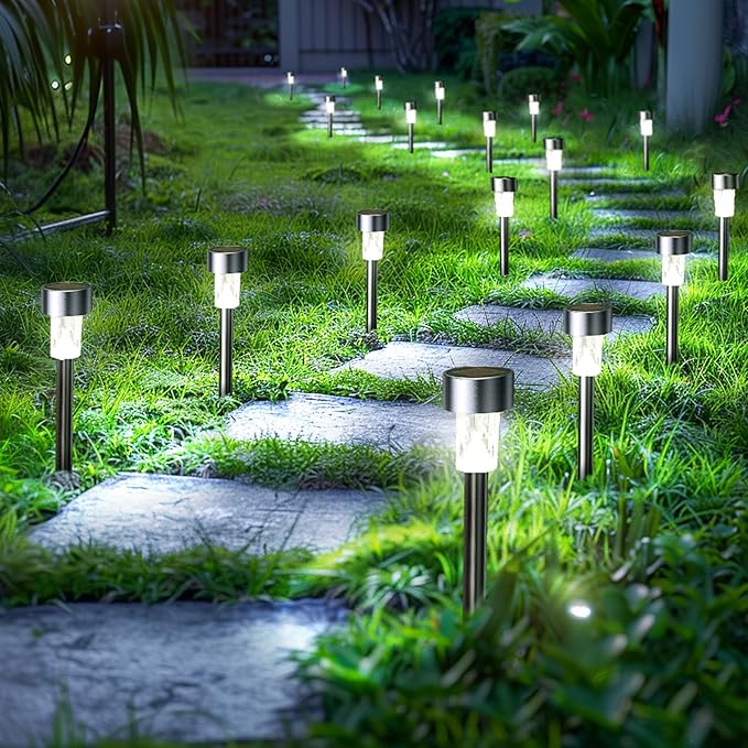 GIGALUMI 24 Pack Solar Path Lights OutdoorSolar Lights Outdoor WaterproofStainless Steel LED Landscape LightingSolar Garden Lights for DrivewayPathwayPatioYard