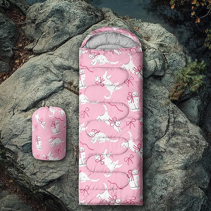 Pink Bow Sleeping BagGirly Princess Bowknot Camping Bag for Girls KidsPink and White Striped Lightweight Warm Portable Outdoor Indoor-Waterproof Cold Weather Resistant for Camping Hiking