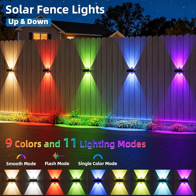 NIORSUN Solar Fence Lights Outdoor 6 Pack Up and Down Waterproof Solar Wall Lights Warm &amp Cool White + RGB Fence Lights with Lens Dusk to Dawn Lighting for Patio Backyard Pool Railing (Blac