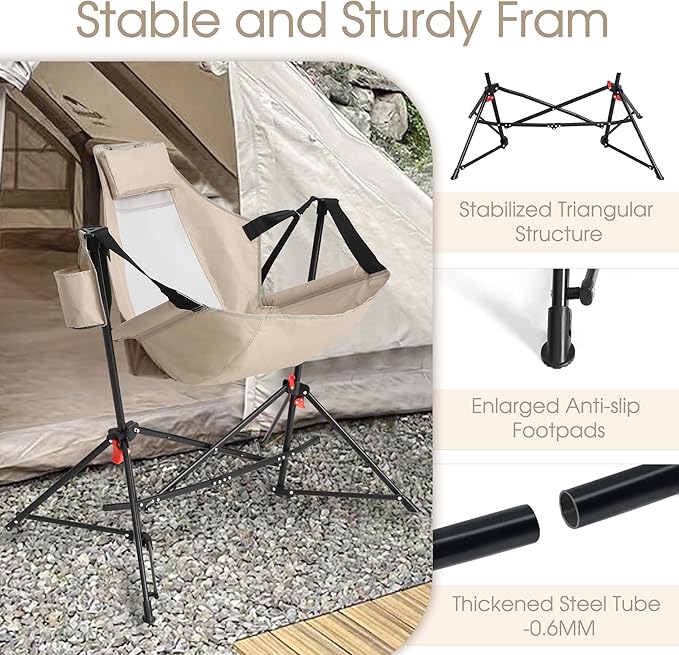HOMEFUN Hammock Camping Chairs Set of 2- Portable Swinging Chair for Adults with Stand and Storage Bag Oversized Folding Rocking for Lawn Camp Fishing Hiking Khaki