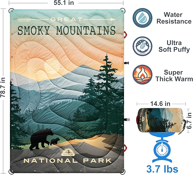 Sherpa Puffy Outdoor Camping Blanket for Traveling Picnics Beach Concert Car Stadium Sporting Events - Wearable Warm Waterproof - 55 X 78 (Great Smoky Mountains NP)