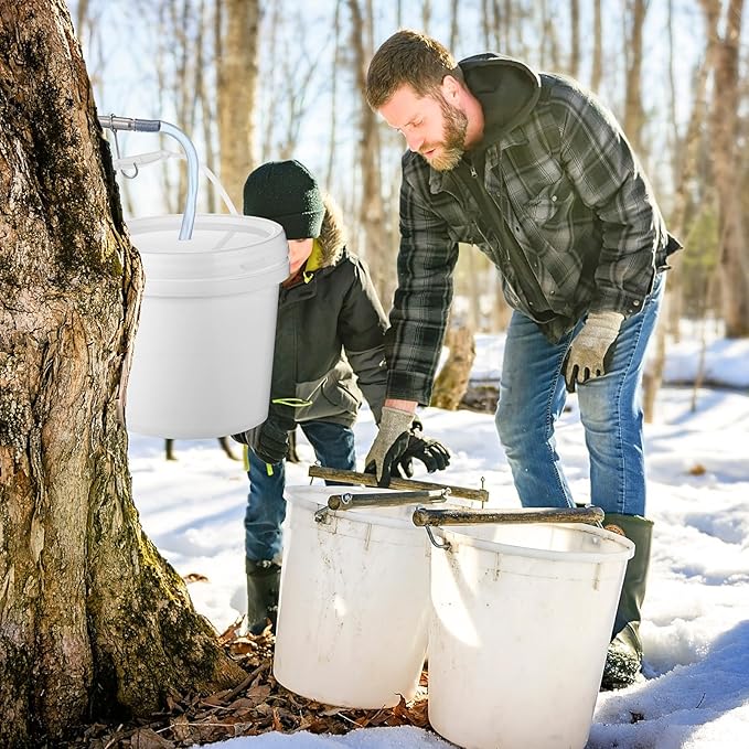 6 Sets Maple Syrup Tapping Kit Maple Sugar Starter Kit Included 3 Buckets with Lid 3 Metal Maples Syrup Taps 3 Maples Syrups Filters 1 Syrups Tube 1 Cleaning Brush for Spiles (White)