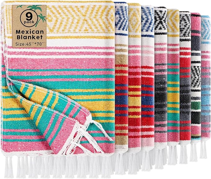 Peryiter 9 Pcs Mexican Blanket Bulk Large Yoga Blanket Striped Falsa with Fringed for Outdoor Beach Picnic Couch 45 x 70 inch(Pastel Colors)